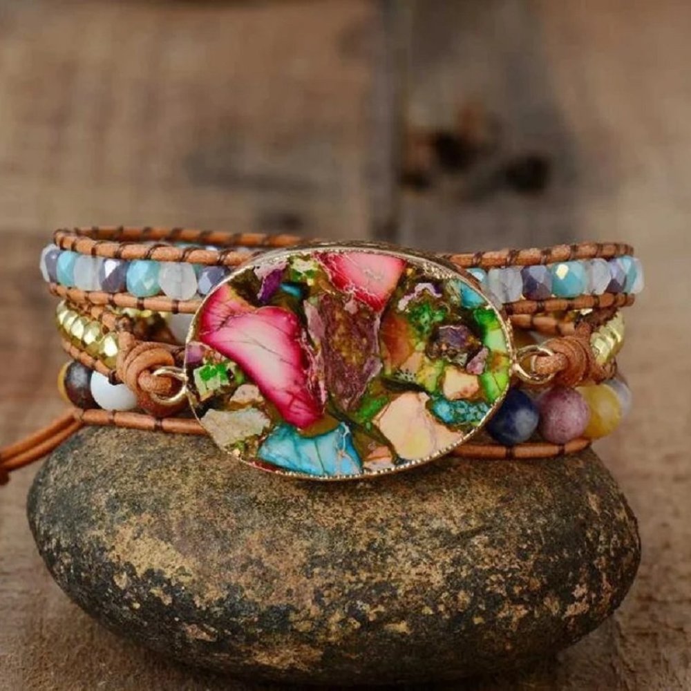 Natural Galaxy Sea Sediment Jasper Leather Braided Bracelet